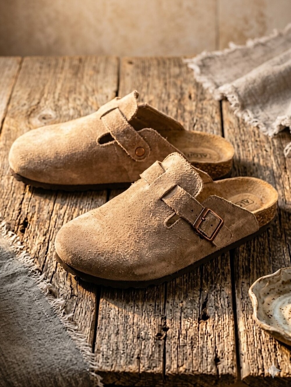 NEW! ALGF Taupe Suede Slip On Clog Mules Buckle Retro Coastal Boho Western 7-7.5 - Picture 1 of 9